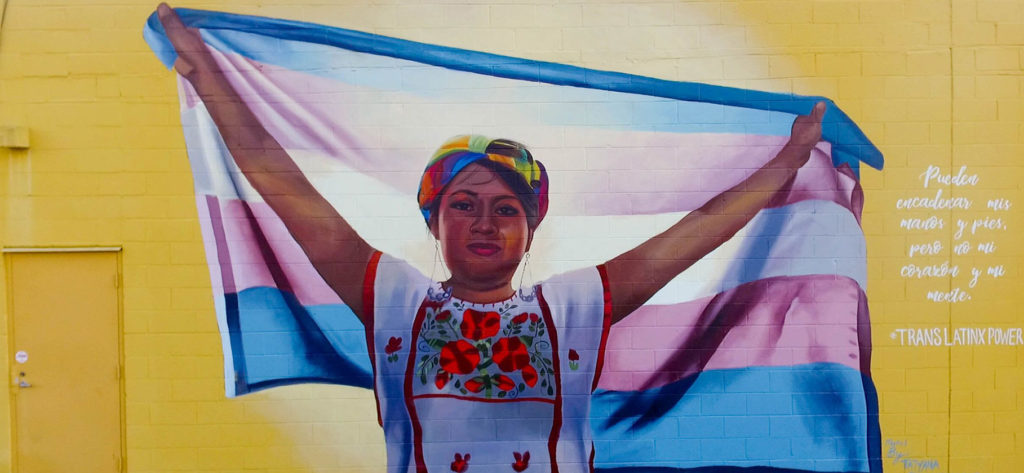 mural of woman holding transgender flag against yellow wall
