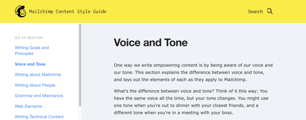 Mailchimp Voice and Tone Standards Screenshot